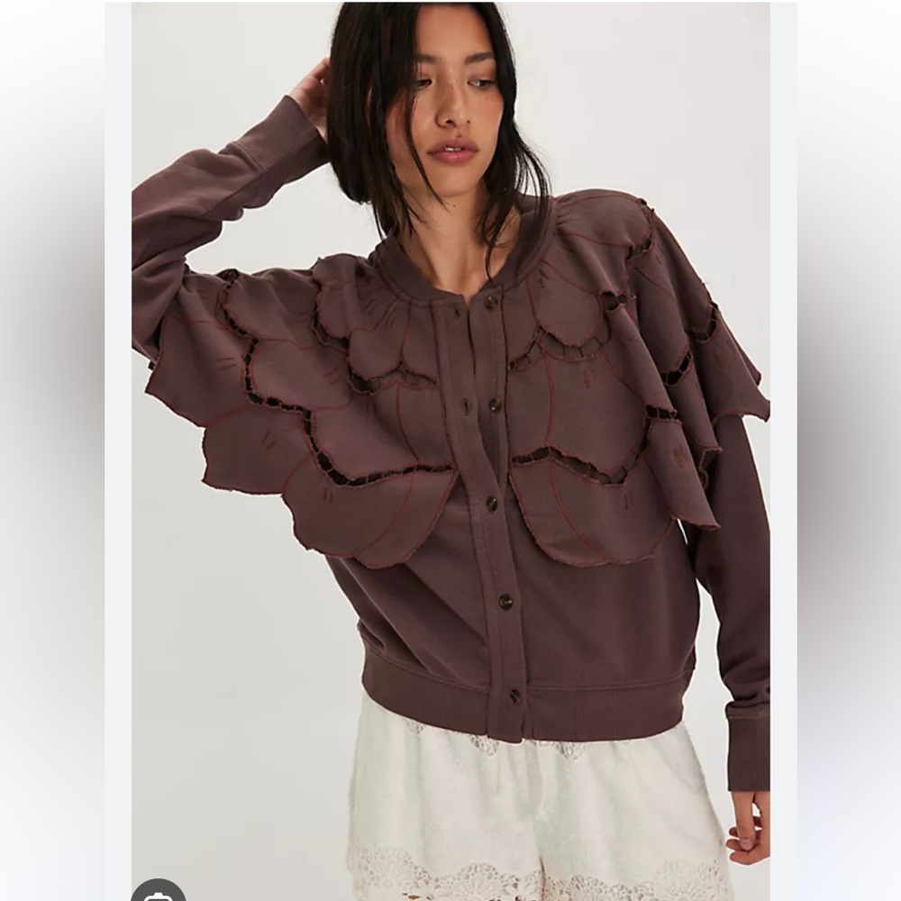 Free People Fluttercape Sweatshirt Cutwork Embroidered Cape Cardigan XL - Picture 1 of 8